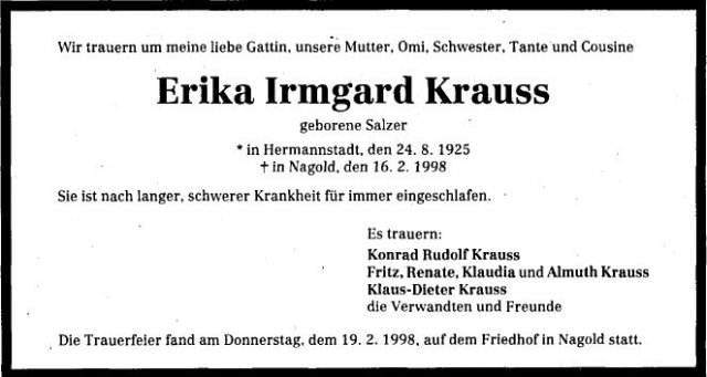 Salzer Erika Irmgard 1925-1998 Todesanzeige